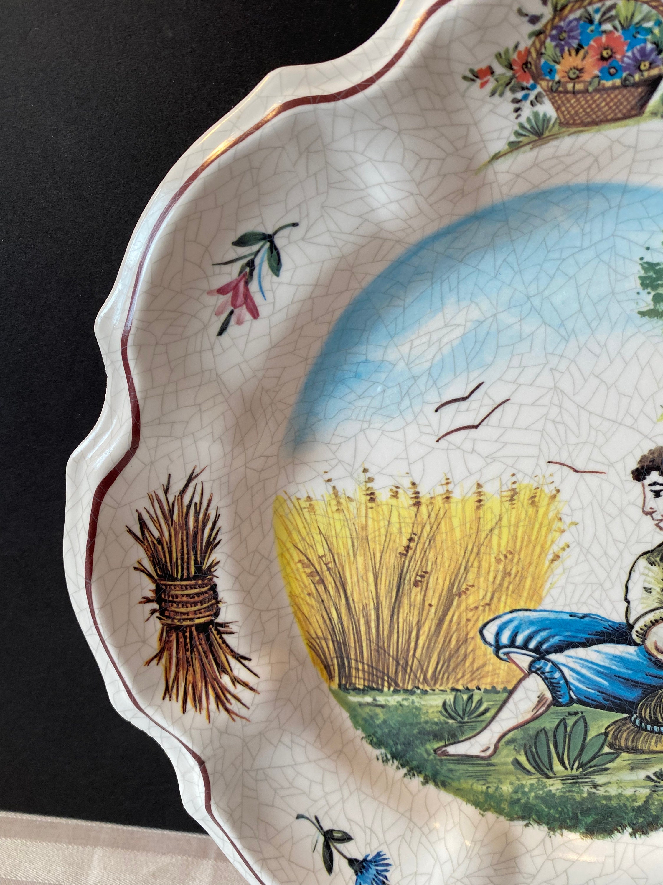 Vintage Italian Mebel Plate ~ Hard Plastic ~ Crackle Ceramic Look ~  Man with Birds ~ 10.5” across ~ Decorative Plate