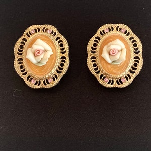 Vintage Earrings ~ Orange and White ~ Rose accent ~ Gold tone