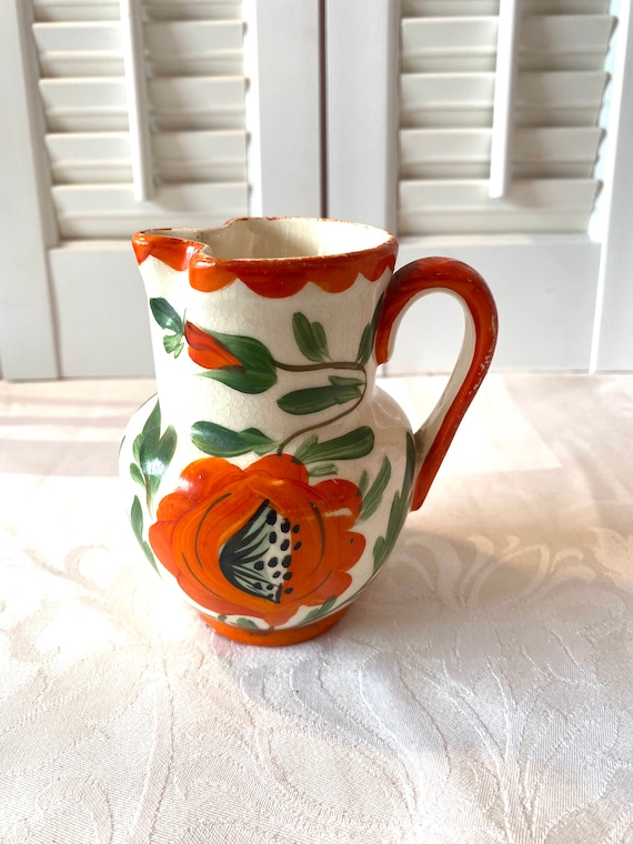 Vintage Erphila Art Pottery Vase ~ Orange Poppy ~ Hand Painted ~ 4
