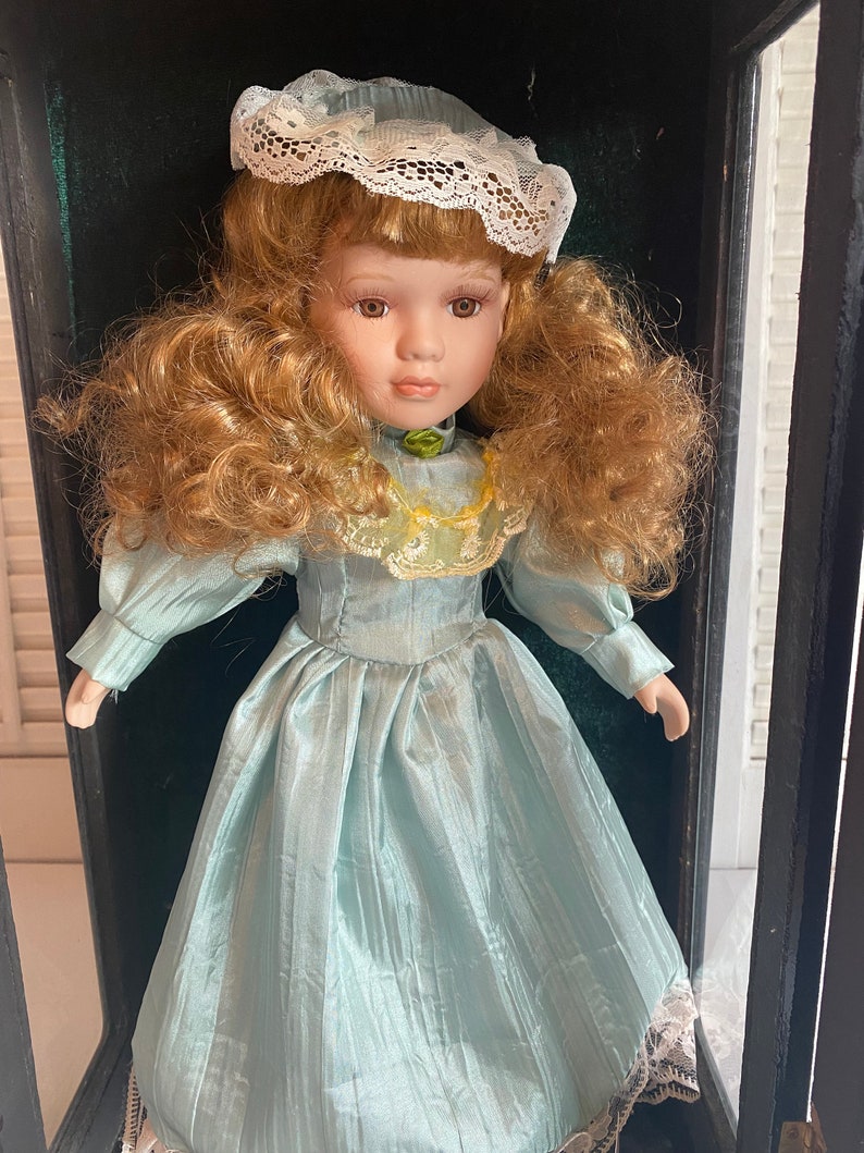 Vintage Ashley Belle Porcelain Doll in Glass and Wood Display Case Green Gown image 3