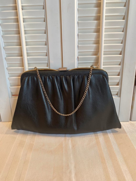 Vintage 1950’s Purse ~ Black Faux Leather Handbag… - image 1