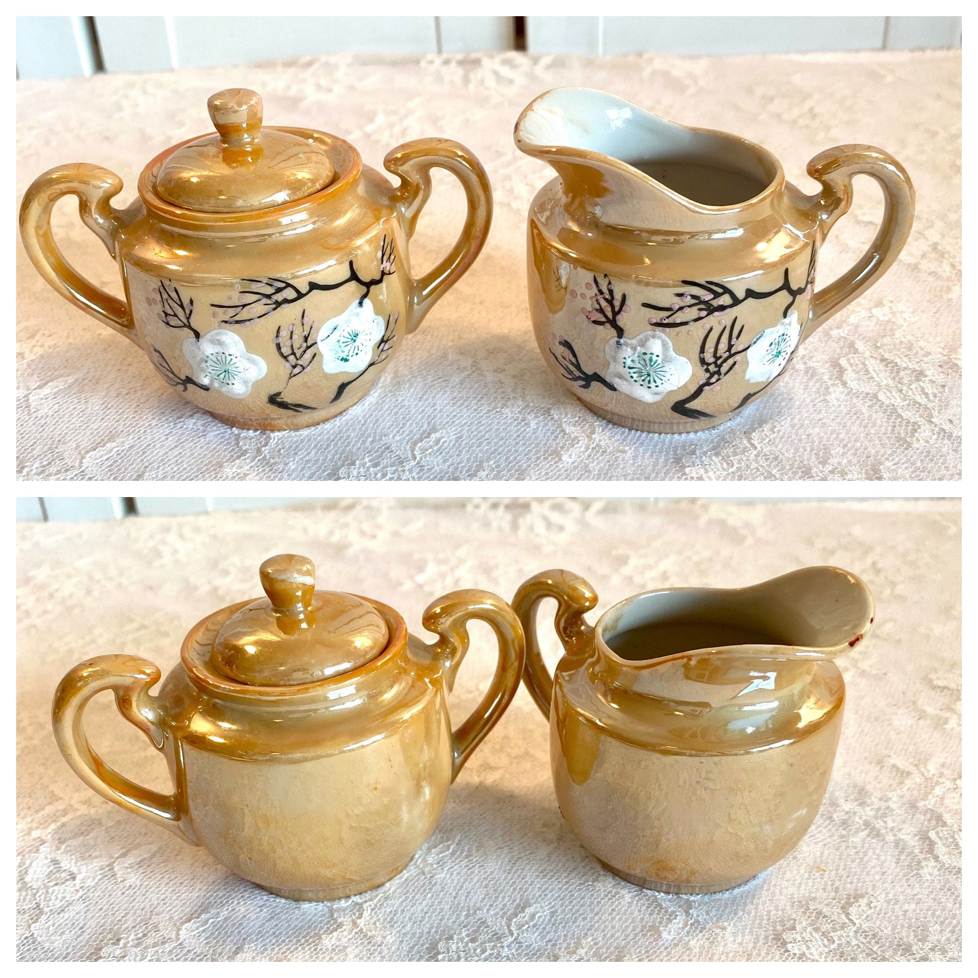 Vintage Lustreware Small Tea Set ~ 20 Pieces ~ Peach Black Vintage Lustreware Small Tea Set ~ 20 Pieces ~ Peach Black