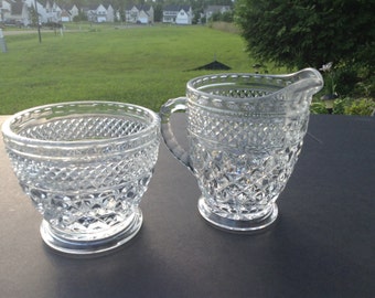 Anchor Hocking Diamond Wexford ~ Open Sugar Bowl and Creamer ~ Pressed Glass ~ Vintage