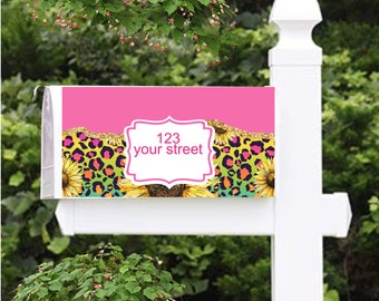 pink sunflowers and cheetah print mailbox cover washable magentic mailbox cover personalized mailbox wrap gift for curb appeal