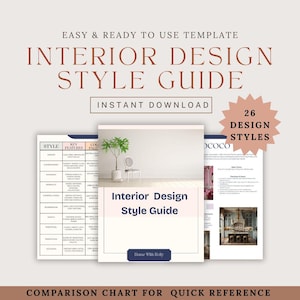 May include: A stack of interior design guides with the title "Interior Design Style Guide" and the text "Easy & Ready to Use Template" and "Instant Download". The image includes a comparison chart and a graphic that says "26 Design Styles".