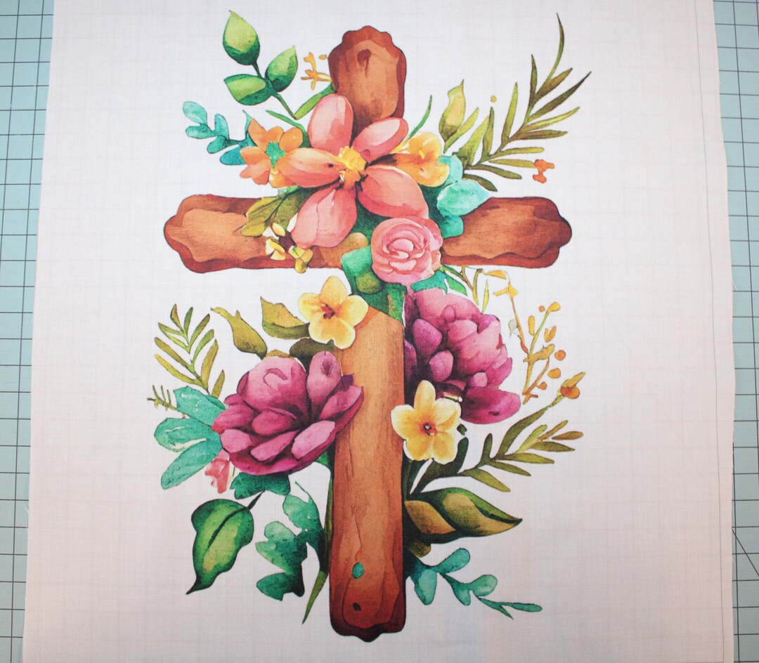 Floral Cross 100% Cotton Fabric Panel Block Small Sewing Quilting ...
