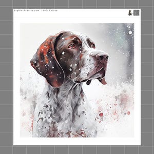 May include: A watercolor-style fabric panel featuring a brown and white spotted dog with a dark brown head, looking to the right. The text SaphiesFabrics.com 100% Cotton is printed at the top. The dog is depicted against a soft, snowy background.