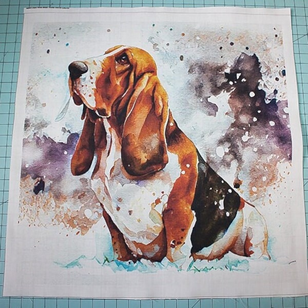 Winter Snowy Basset Hound Dog 100% Cotton Fabric Panel Square - Small Quilting Sewing Block E300