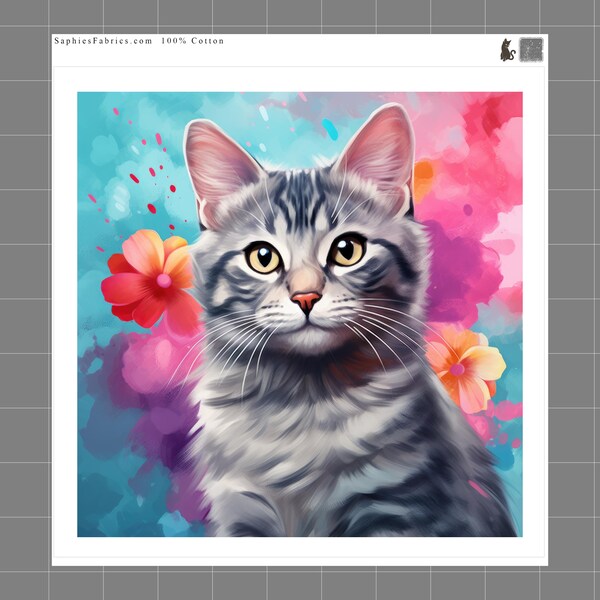 Cat 100% Cotton Fabric Panel Block Quilt Square Q413
