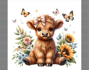 May include: A digital illustration of a fluffy brown Highland cow calf with a pink bow, surrounded by flowers and butterflies. The image has the text "SophiesFabrics.com 100% Cotton" at the top.