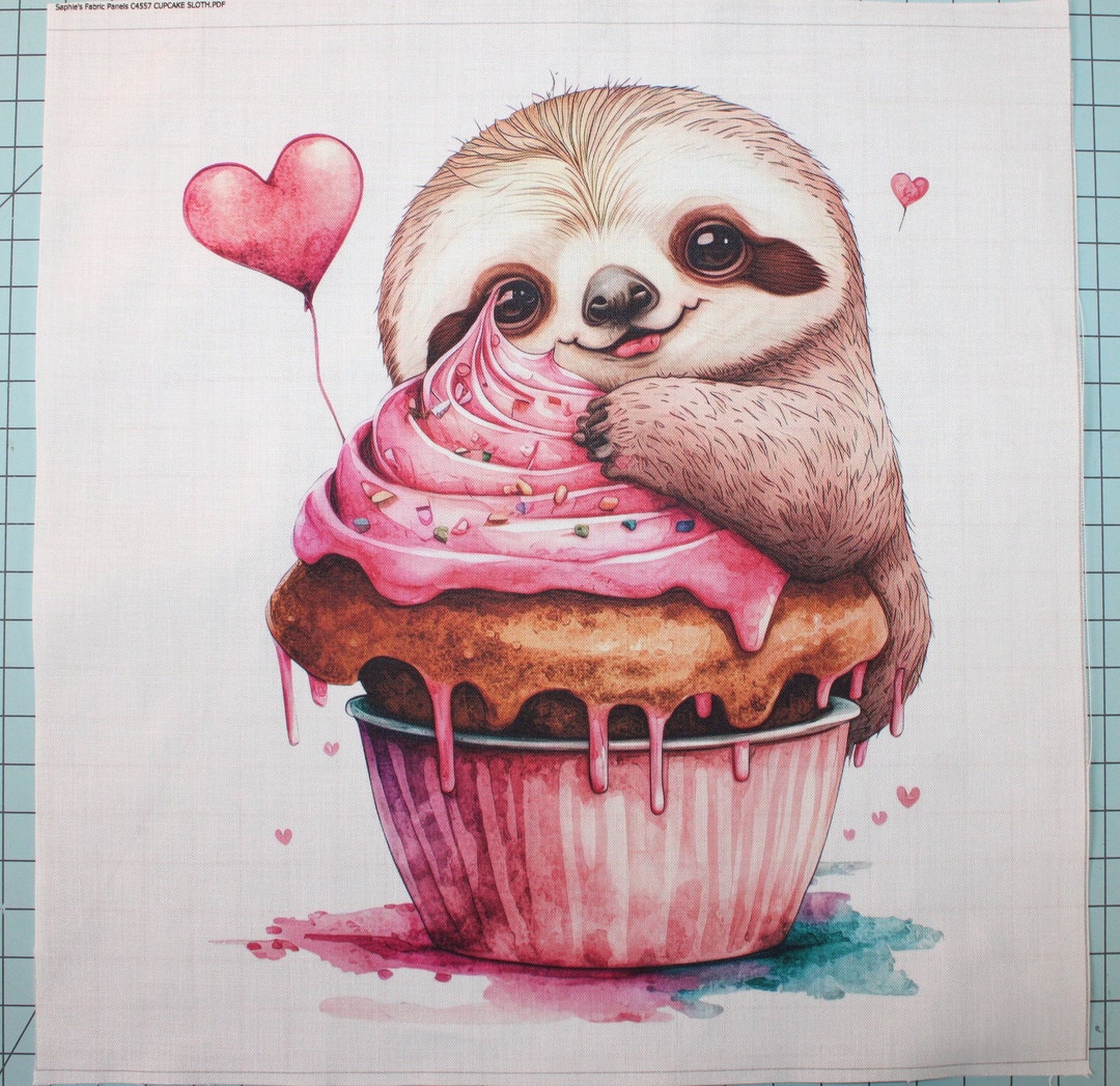 Pink Cupcake Sloth 100% Cotton Fabric Panel Square Small Quilting ...