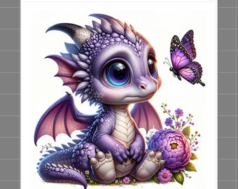 May include: A fabric panel featuring a purple dragon with large blue eyes, textured scales, and small wings, sitting beside a purple flower and a purple butterfly. The top border includes the text SaphiesFabrics.com 100% Cotton and a small cat icon.