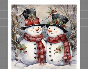 May include: A fabric panel featuring two snowmen wearing black top hats with holly and red berries, and red plaid scarves. The snowmen have orange carrot noses and black button eyes and torsos. Text at the top reads SaphiesFabrics.com 100% Cotton.