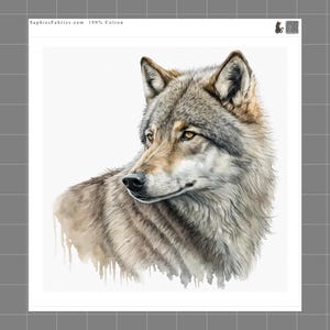May include: A fabric panel featuring a watercolor illustration of a gray and tan wolf head looking to the left. The top border includes the text SaphiesFabrics.com and 100% Cotton, with a small cat icon and a square swatch graphic in the corner.