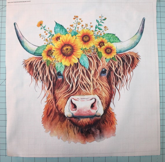 Sunflowers & Highland Cows 4 Fabric Panel –