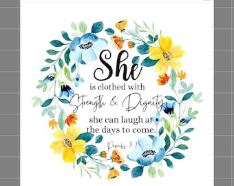 Proverbs 31:25 Faith / Scripture 100% Cotton Fabric Panel Block Quilt Square SC302