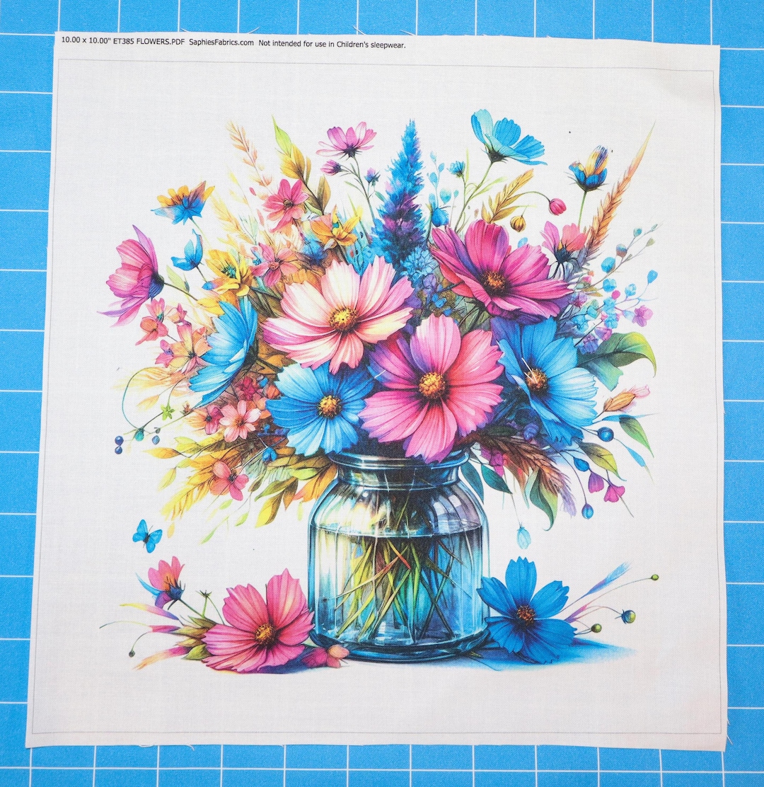 Flowers in Jar 100% Cotton Fabric Panel Block | Small Sewing Quilting ...
