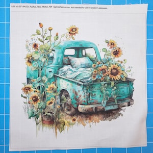 Truck & Sunflowers 100% Cotton Fabric Panel Block | Small Sewing Quilting Square B48