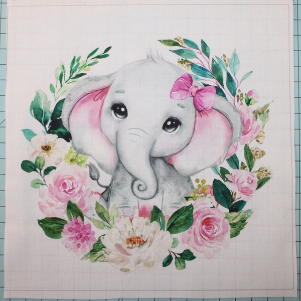 Floral Elephant With Pink Bow 100% Cotton Fabric Panel Square - Small Quilting Sewing Block A700