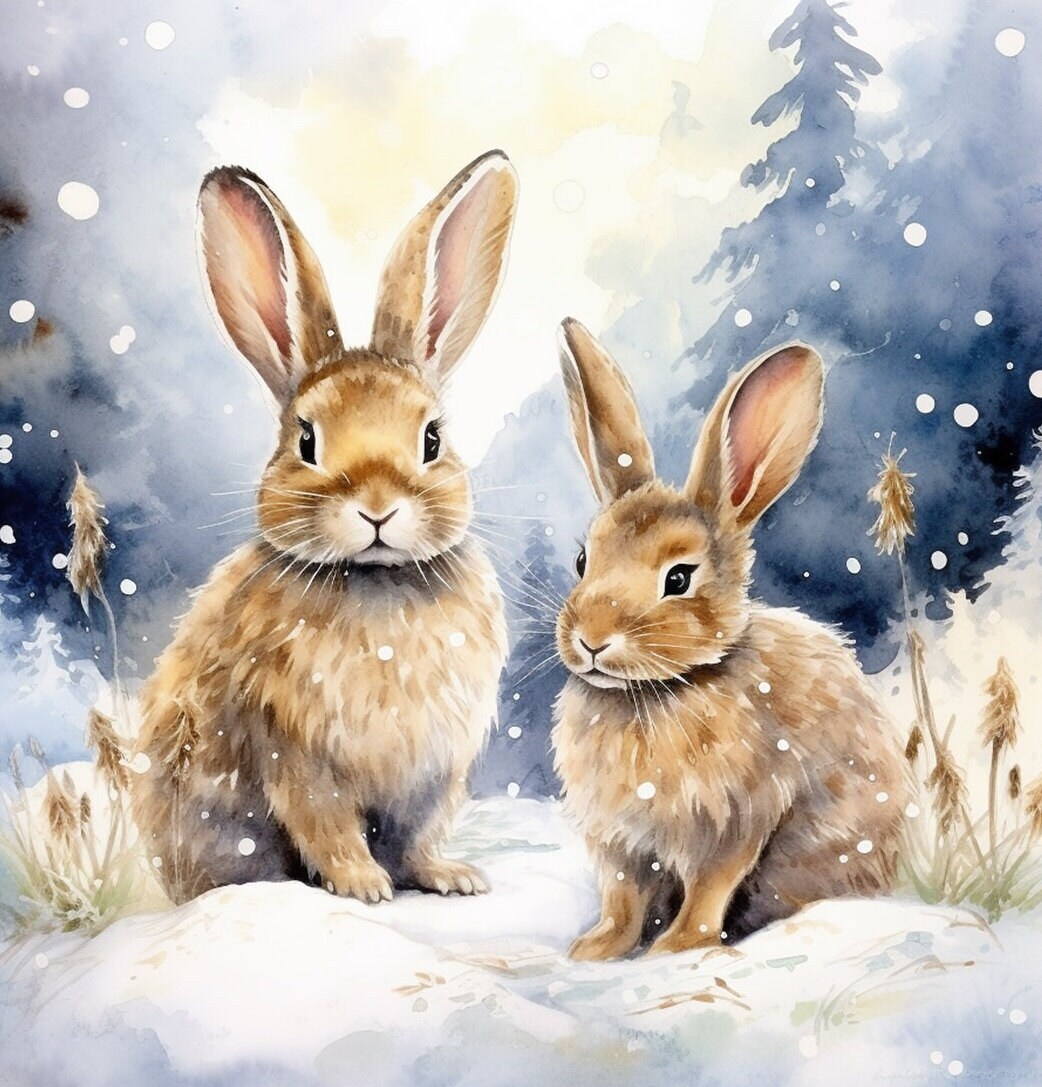 Winter Bunny Rabbits 100% Cotton Fabric Panel Block | Small