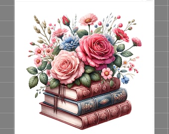 May include: A stack of three vintage-style books with ornate covers in shades of red and blue, topped with a vibrant floral arrangement featuring pink roses, blue blossoms, and green foliage. The text SaphiesFabrics.com 100% Cotton is visible.