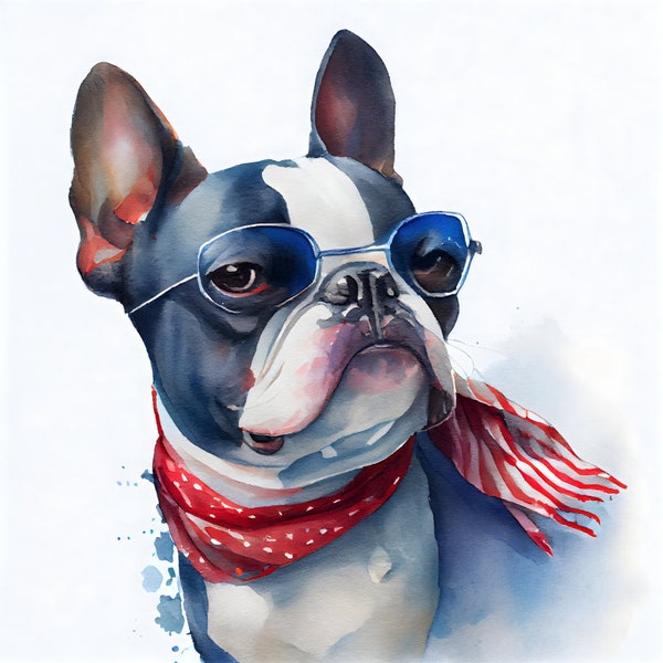 Red White Blue Patriotic Boston Terrier Dog 100% Cotton Fabric Panel Square - Small Quilting Sewing Block D331