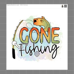 May include: A graphic design featuring the text GONE in a gradient orange to green color, with the word Fishing in black script below. A cartoon fish and a fishing rod are integrated into the design, set against a soft watercolor splash.
