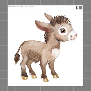 May include: Watercolor illustration of a baby donkey in shades of brown, tan, and pink. The donkey has large, expressive eyes and a fluffy mane. The text "SophiesFabrics.com 100% Cotton" is in the upper left corner.