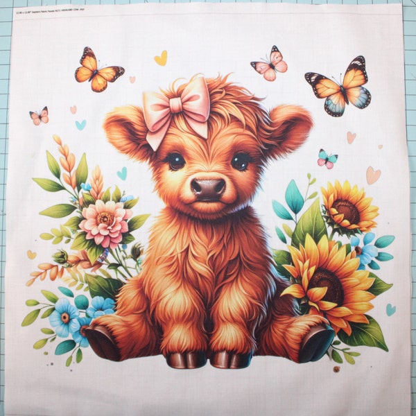 Sunflower Highland Cow 100% Cotton Fabric Panel Square - Small Sewing Quilting Block M271