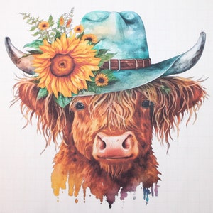 Highland Cow Sunflowers & Cowboy Hat 100% Cotton Fabric Panel Square - Small Sewing Quilting Block B108