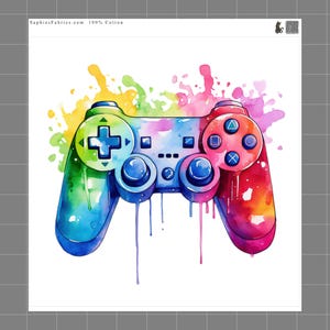 May include: A video game controller illustration featuring a vibrant watercolor paint splatter effect in shades of blue, green, yellow, pink, and red. The design includes the text SaphiesFabrics.com 100% Cotton at the top left corner.