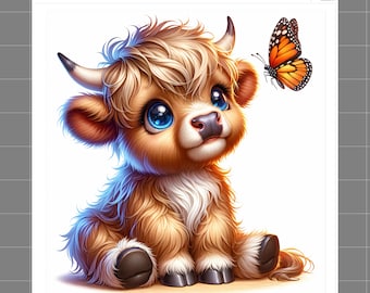 May include: A digital illustration of a cute, cartoon-style Highland cow calf with large blue eyes, light brown fur, and small horns. A monarch butterfly hovers nearby. The text "SaphiesFabrics.com 100% Cotton" is in the upper left corner.