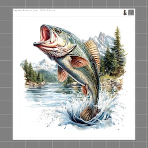 May include: A fabric panel featuring a largemouth bass jumping out of water with a splash. The background shows a lake, pine trees, and snow-capped mountains. The text SaphiesFabrics.com 100% Cotton is printed at the top left corner of the design.