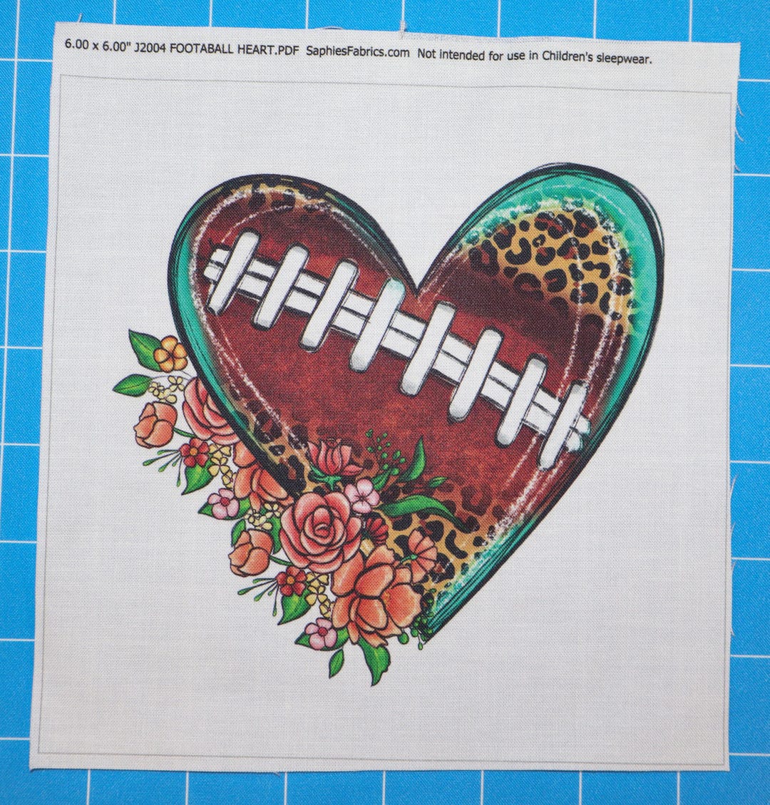 Football Heart 100% Cotton Fabric Panel Block | Small Quilting Sewing ...