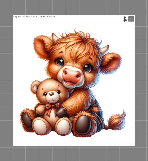 Highland Cow & Bear 100% Cotton Fabric Panel Block Quilt Square  M2279