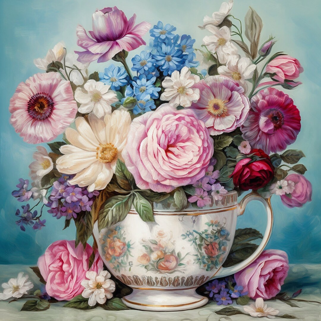 Flowers in Cup 100% Cotton Fabric Panel Square Small Sewing Quilting ...