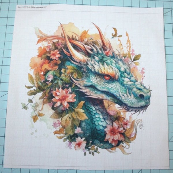 Floral Dragon 100% Cotton Fabric Panel Square - Small Sewing Quilting Block A32