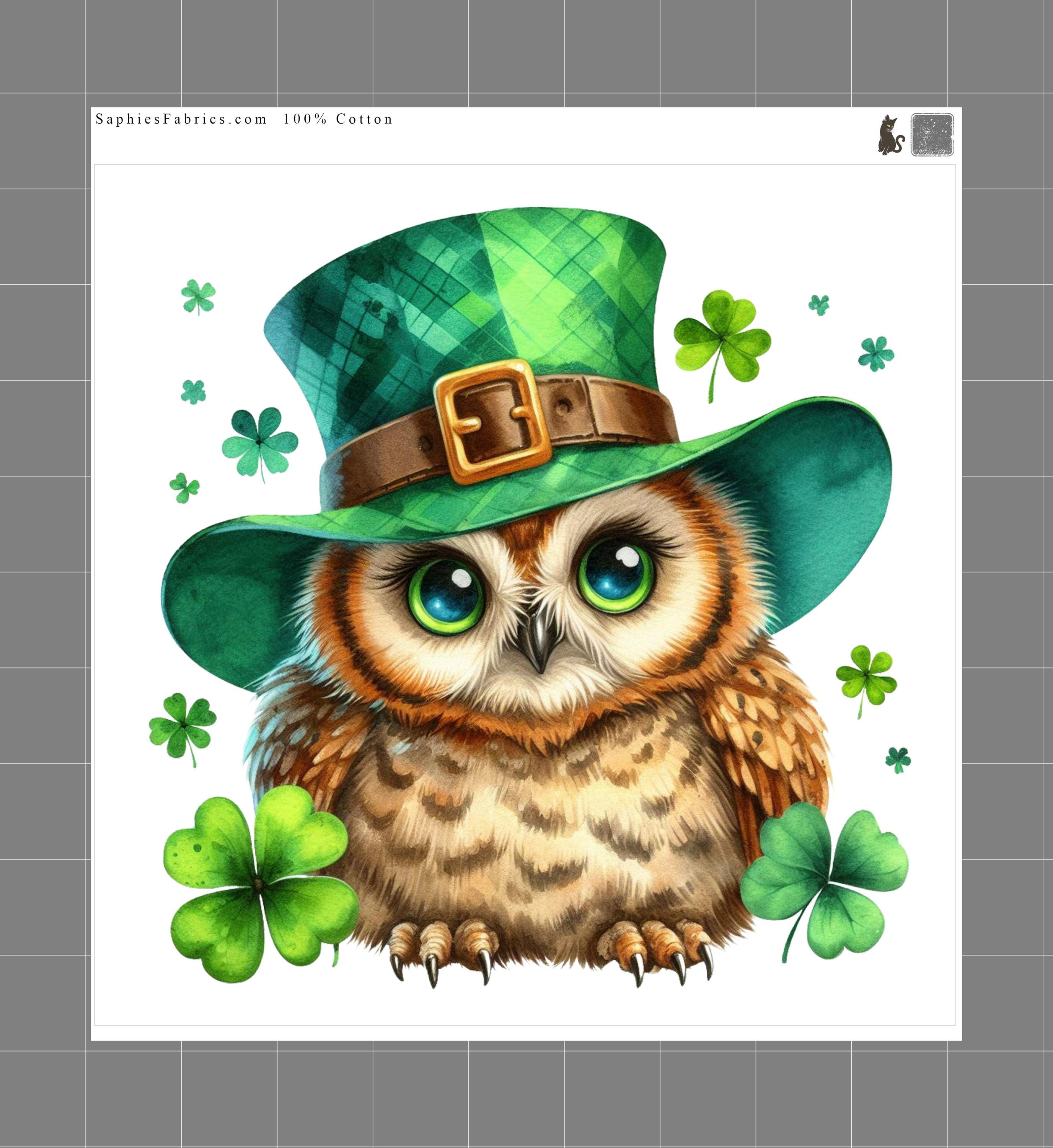 St. Patrick's Owl 100% Cotton Fabric Panel Block Quilt Square L2066