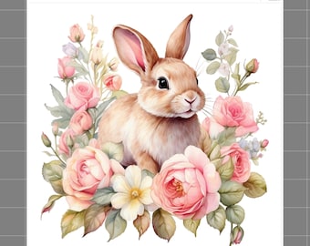 Floral Bunny 100% Cotton Fabric Panel Block Quilt Square P1493