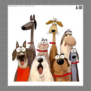 May include: A fabric print featuring a group of eight cartoon dogs with varied expressions and colors. The dogs wear red collars or sweaters. The top left corner includes the text SaphiesFabrics.com 100% Cotton and a small cat icon.