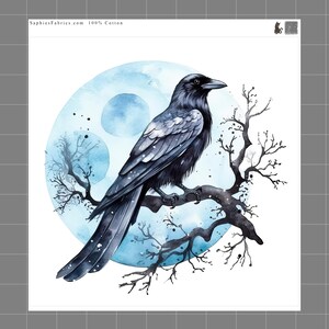 May include: Watercolor illustration of a black crow perched on a tree branch against a blue moon backdrop. The artwork features the text "SophiesFabrics.com 100% Cotton". The crow has detailed feathering and is set against a soft, watercolor background.