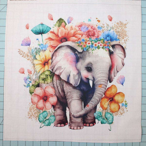 Boho Elephant Floral 100% Cotton Fabric Panel Square - Small Quilting Sewing Block B11