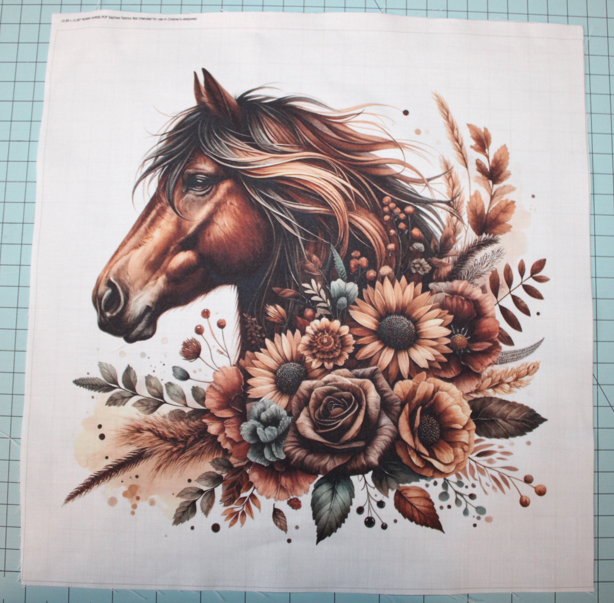Floral Brown Horse 100% Cotton Fabric Panel Block | Small Sewing Quilting Square M2404