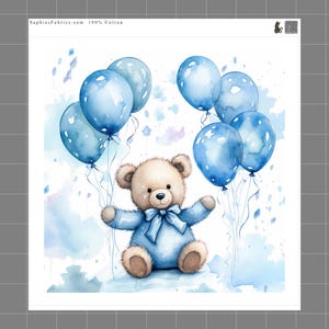 Teddy Bear Blue Balloons 100% Cotton Fabric Panel Block | Small Sewing Quilting Square K3515