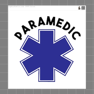 May include: White square fabric with a blue Star of Life symbol and the word "PARAMEDIC" in black. The fabric also includes the text "SaphiesFabrics.com 100% Cotton". A small black cat silhouette is in the upper right corner.