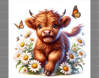 May include: A digital illustration of a fluffy brown Highland calf with a smiling face, surrounded by white daisies and orange butterflies. The text "SaphiesFabrics.com 100% Cotton" is printed at the top.