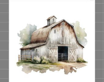 May include: Watercolor painting of a rustic barn with a brown roof and weathered white siding. The barn doors are open, revealing a dark interior. The image includes the text "SophiesFabrics.com 100% Cotton".