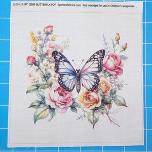 Floral Butterfly 100% Cotton Fabric Panel Block | Small Quilting Sewing Square Q569