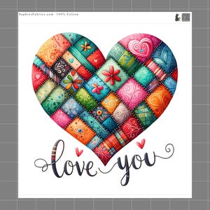 Love You Patchwork Heart 100% Cotton Fabric Panel Block | Small Quilting Sewing Square L2106