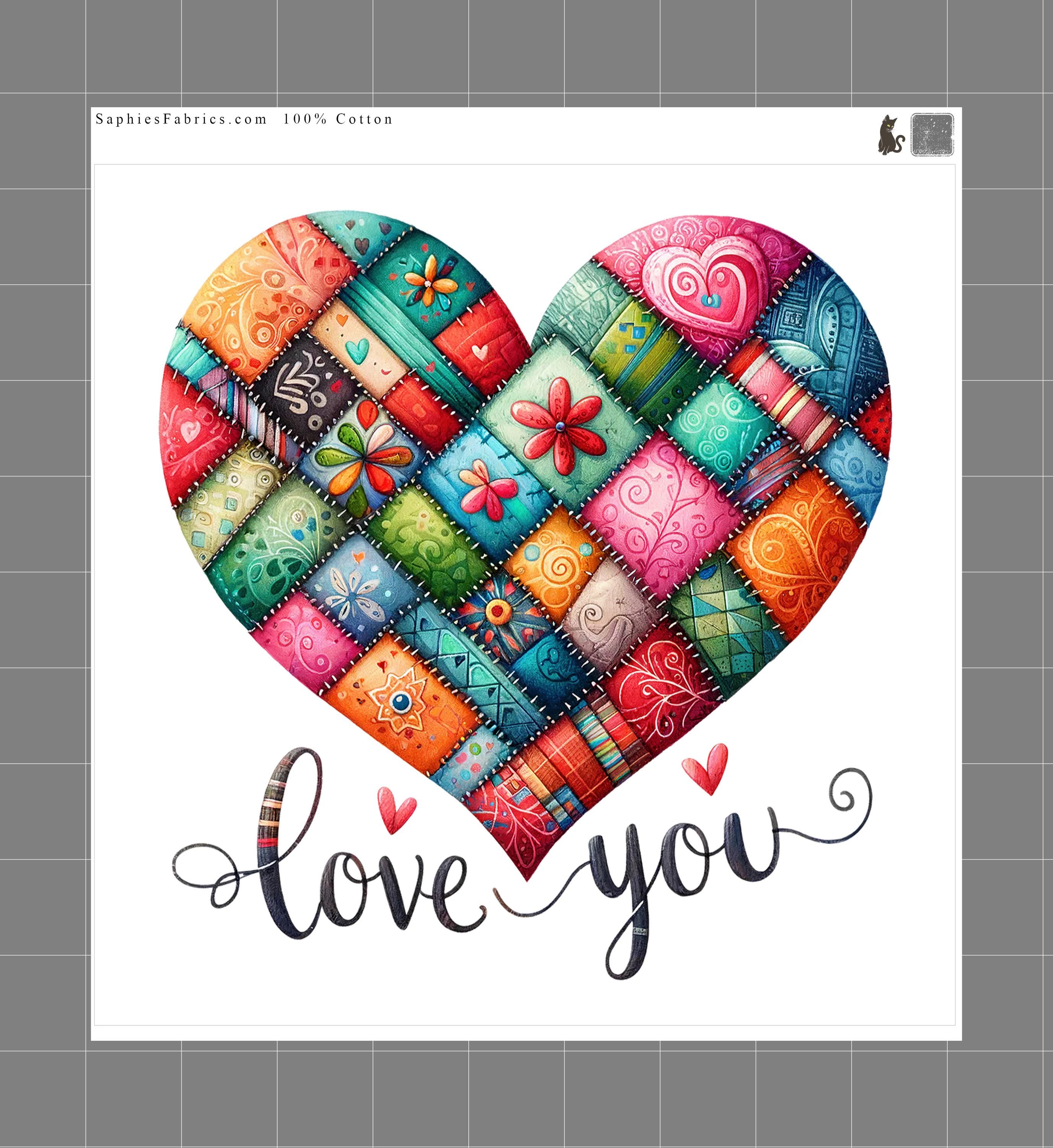 Love You Patchwork Heart 100% Cotton Fabric Panel Block Quilt Square ...